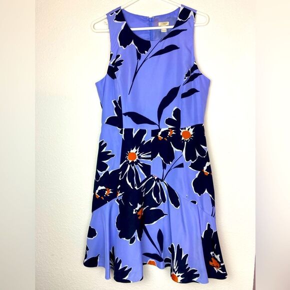 J. Crew Floral Sleeveless Dress in Periwinkle Blue w/Burnt Orange,Black & White - Picture 1 of 11